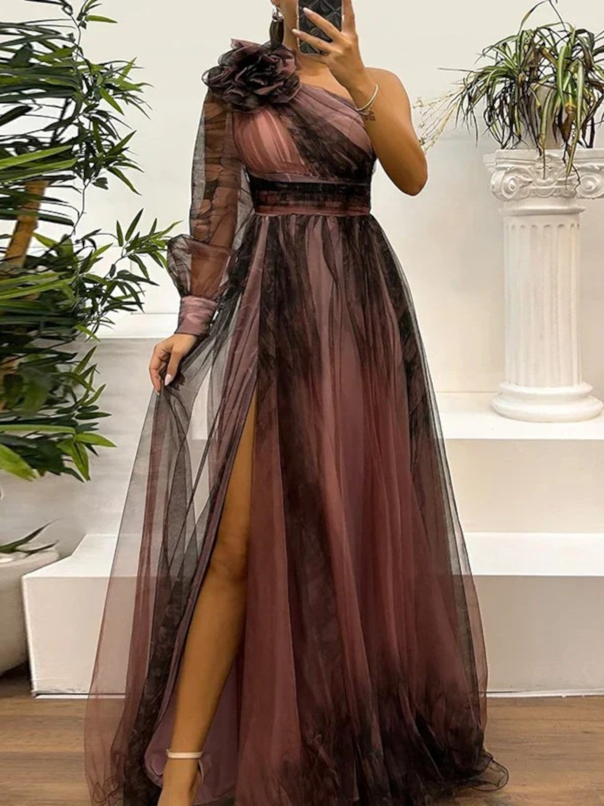 Sienna Trendy One Shoulder Mesh Print Maxi Dress