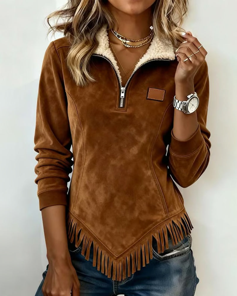 Kim - Sweatshirt with Half-Zip Collar Asymmetric Design and Fringe Detail