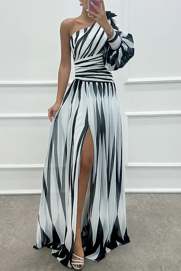 Chloe Elegant Striped One Shoulder Maxi Dress