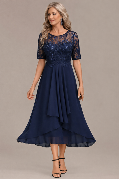Sophie Elegant Lace Sleeve Round Neck Dress