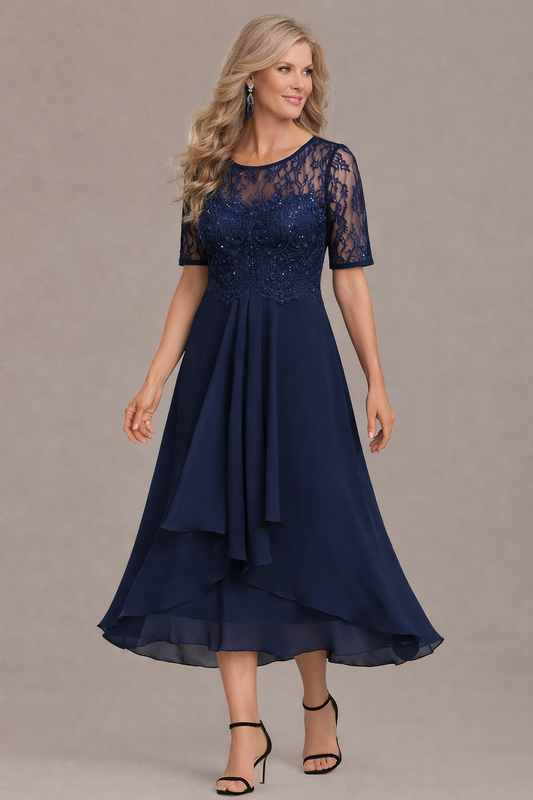 Sophie Elegant Lace Sleeve Round Neck Dress