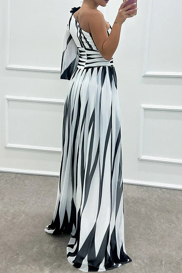 Chloe Elegant Striped One Shoulder Maxi Dress