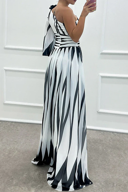 Chloe Elegant Striped One Shoulder Maxi Dress