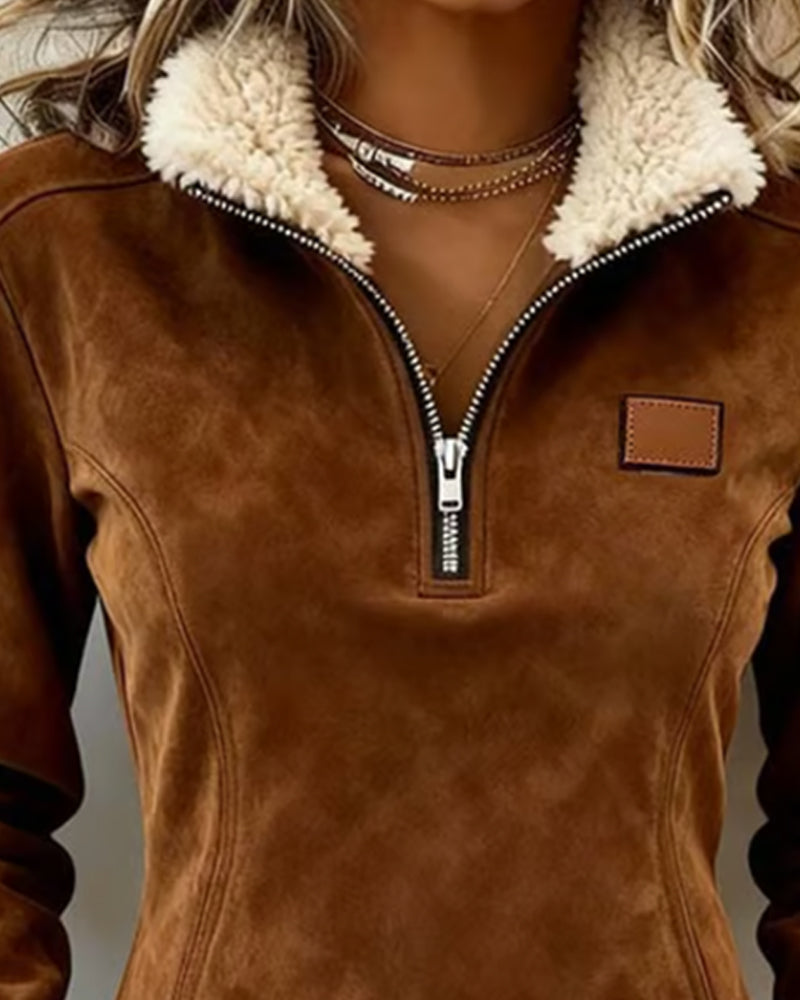 Kim - Sweatshirt with Half-Zip Collar Asymmetric Design and Fringe Detail