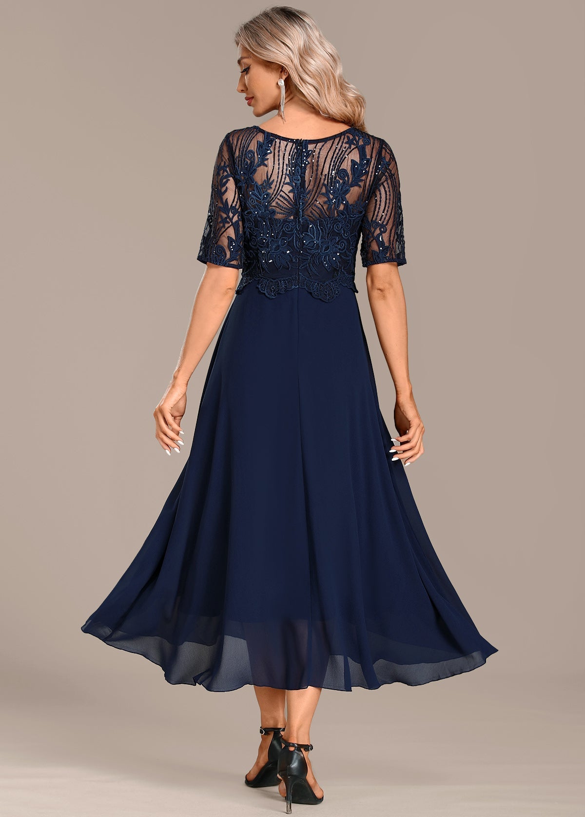 Nancy Navy Lace Short Sleeve Round Neck Dress