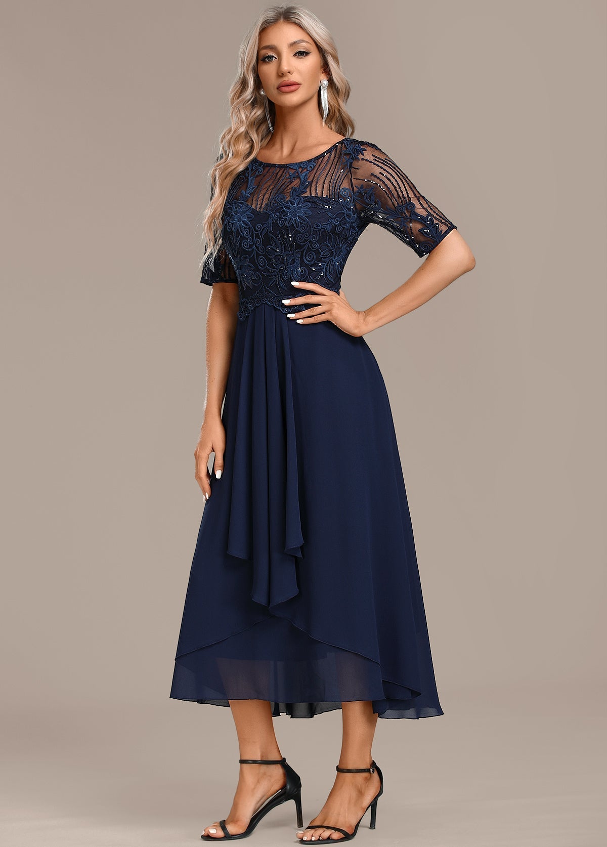 Nancy Navy Lace Short Sleeve Round Neck Dress