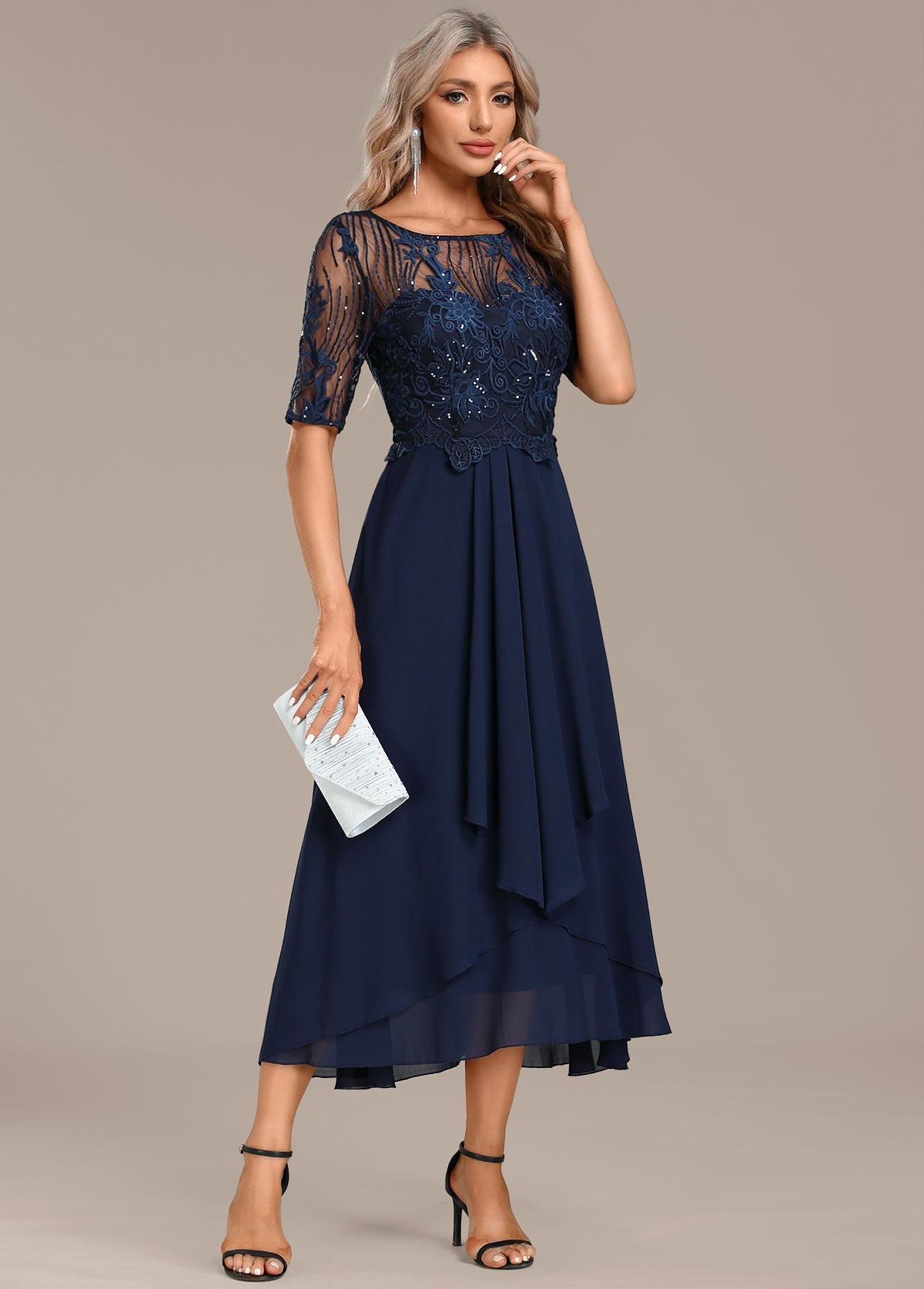 Nancy Navy Lace Short Sleeve Round Neck Dress