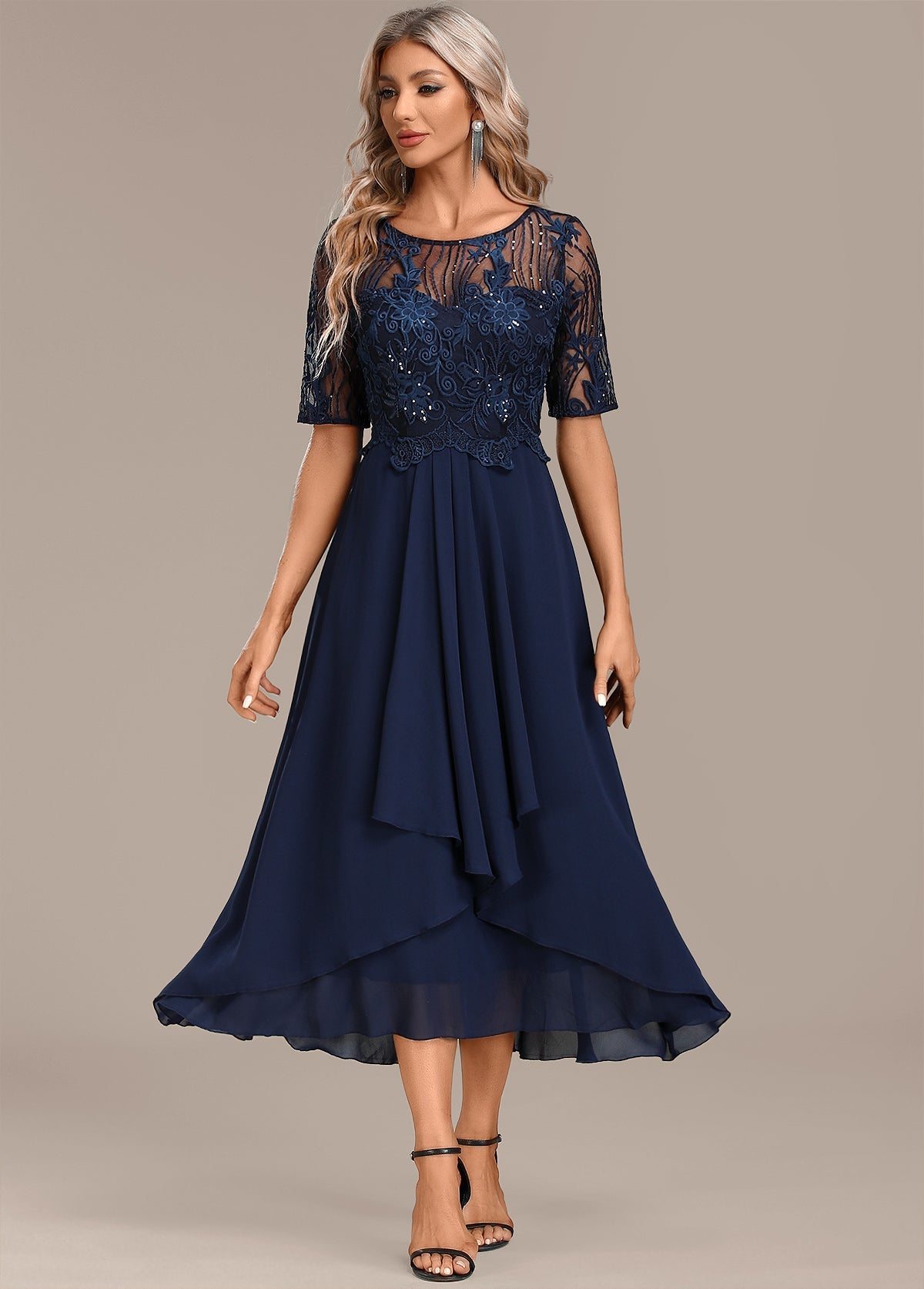 Nancy Navy Lace Short Sleeve Round Neck Dress