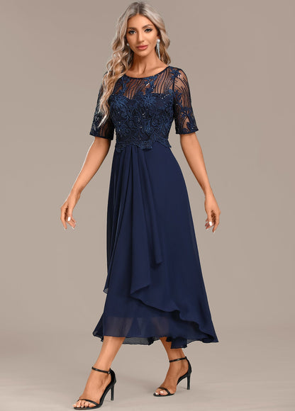 Nancy Navy Lace Short Sleeve Round Neck Dress