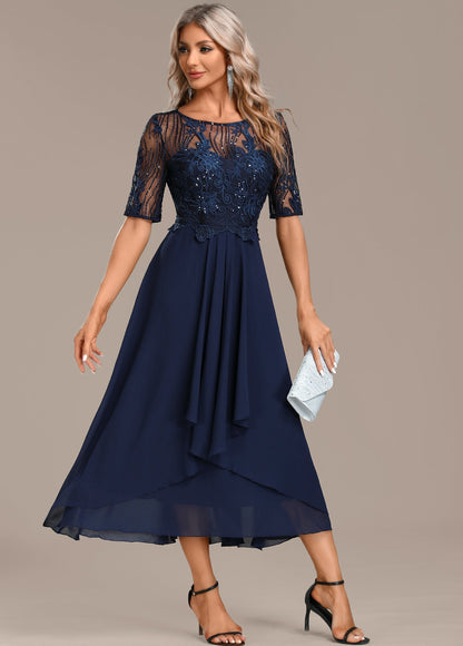 Nancy Navy Lace Short Sleeve Round Neck Dress