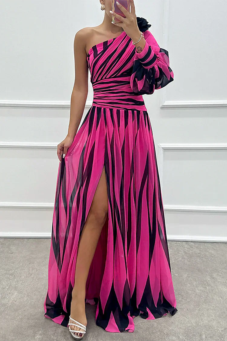 Chloe Elegant Striped One Shoulder Maxi Dress