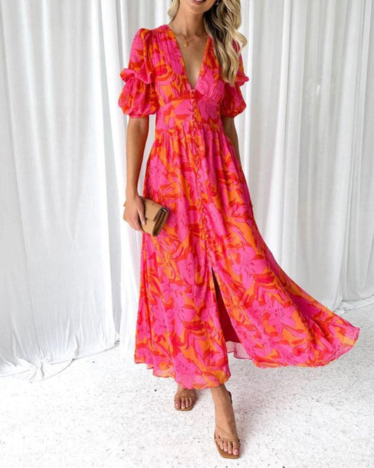 Clara Elegant V-Neck Puff Sleeve Maxi Dress