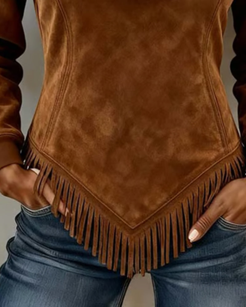 Kim - Sweatshirt with Half-Zip Collar Asymmetric Design and Fringe Detail