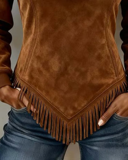 Kim - Sweatshirt with Half-Zip Collar Asymmetric Design and Fringe Detail