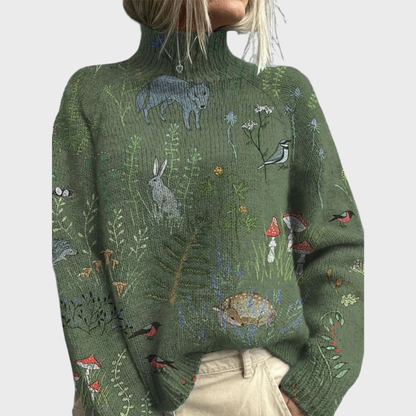 Hana™ Cozy Knitted Sweater with Forest-Inspired Print