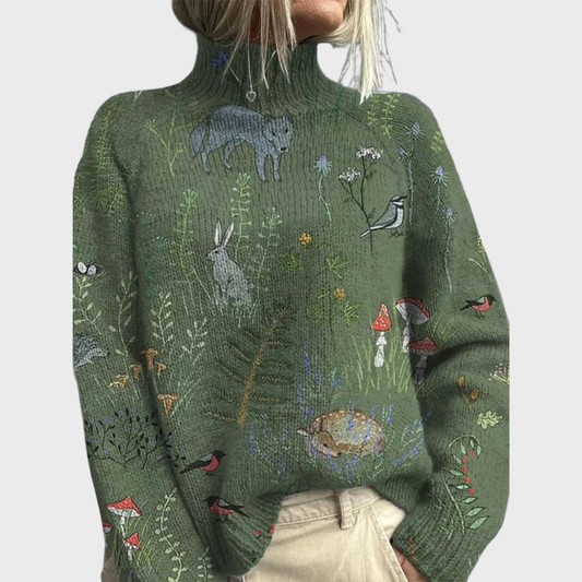 Hana™ Cozy Knitted Sweater with Forest-Inspired Print