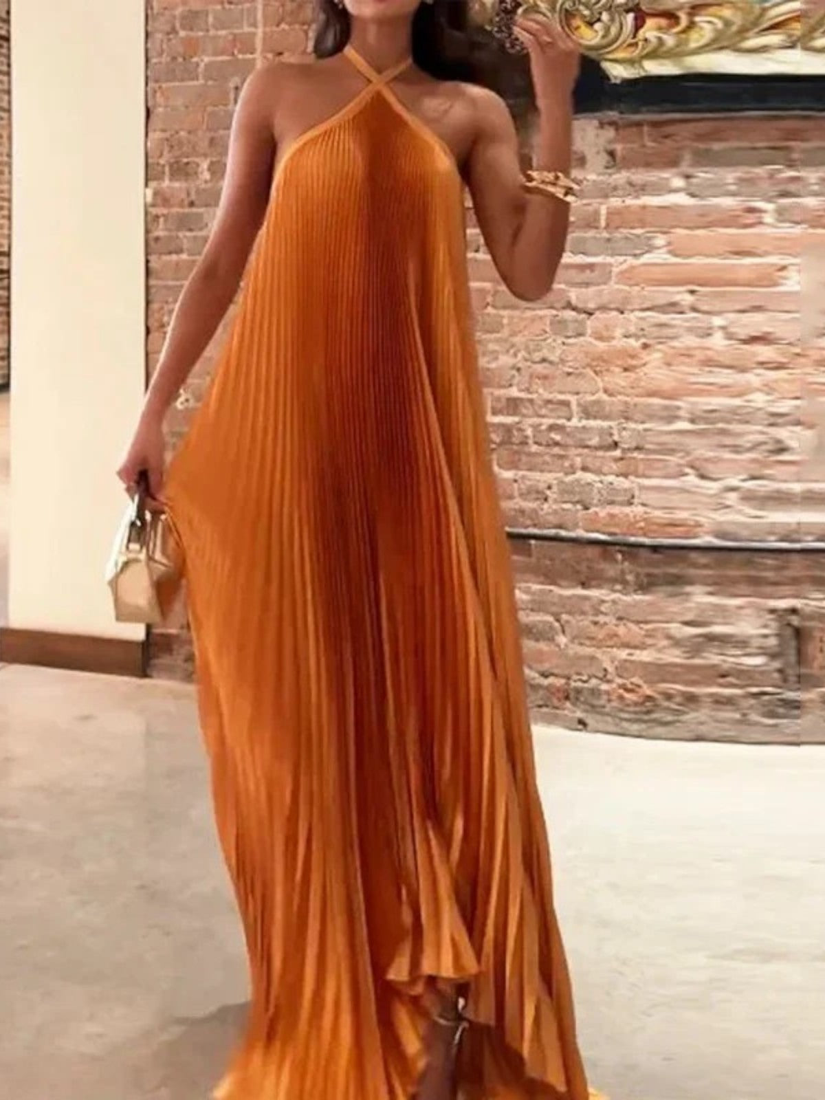 Mira Chic Pleated Halter Neck Maxi Dress