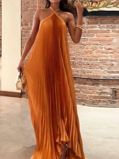 Mira Chic Pleated Halter Neck Maxi Dress