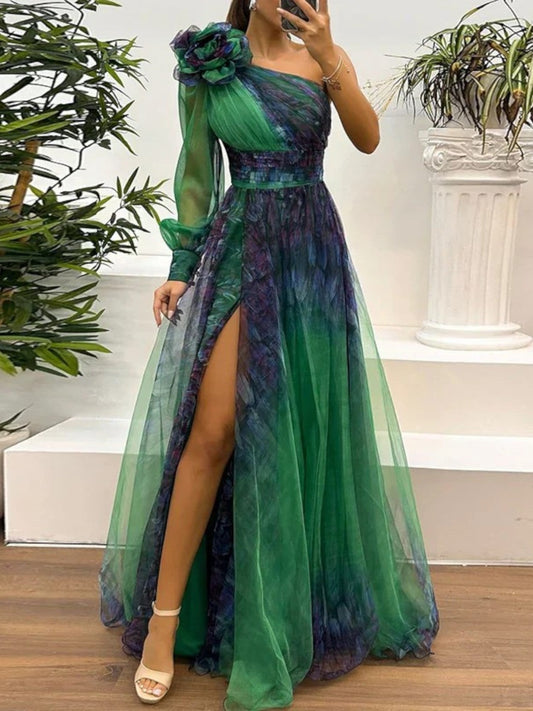 Sienna Trendy One Shoulder Mesh Print Maxi Dress