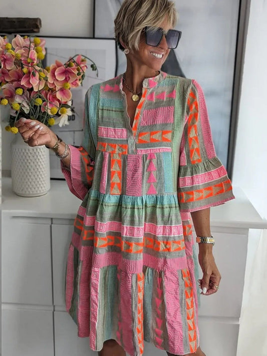 Ava Chic V-Neck Cotton Hemp Summer Dress