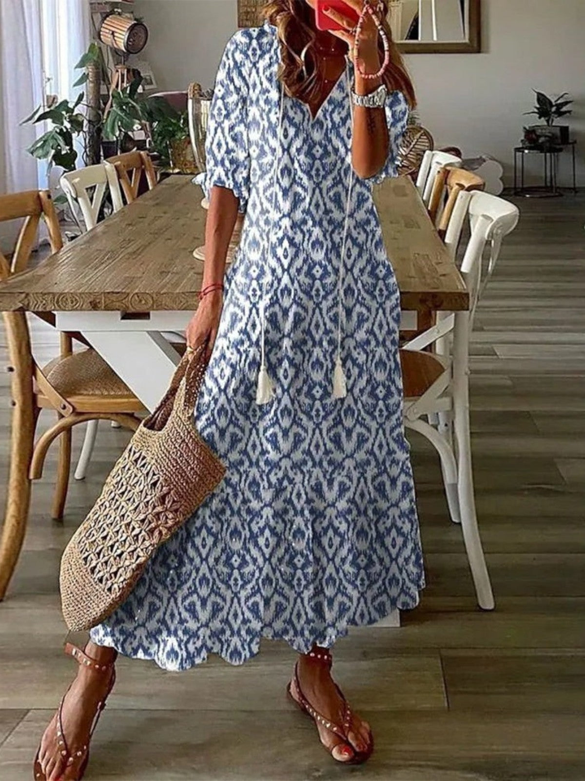 Sophia™  Boho Vintage V-Neck Summer Dress