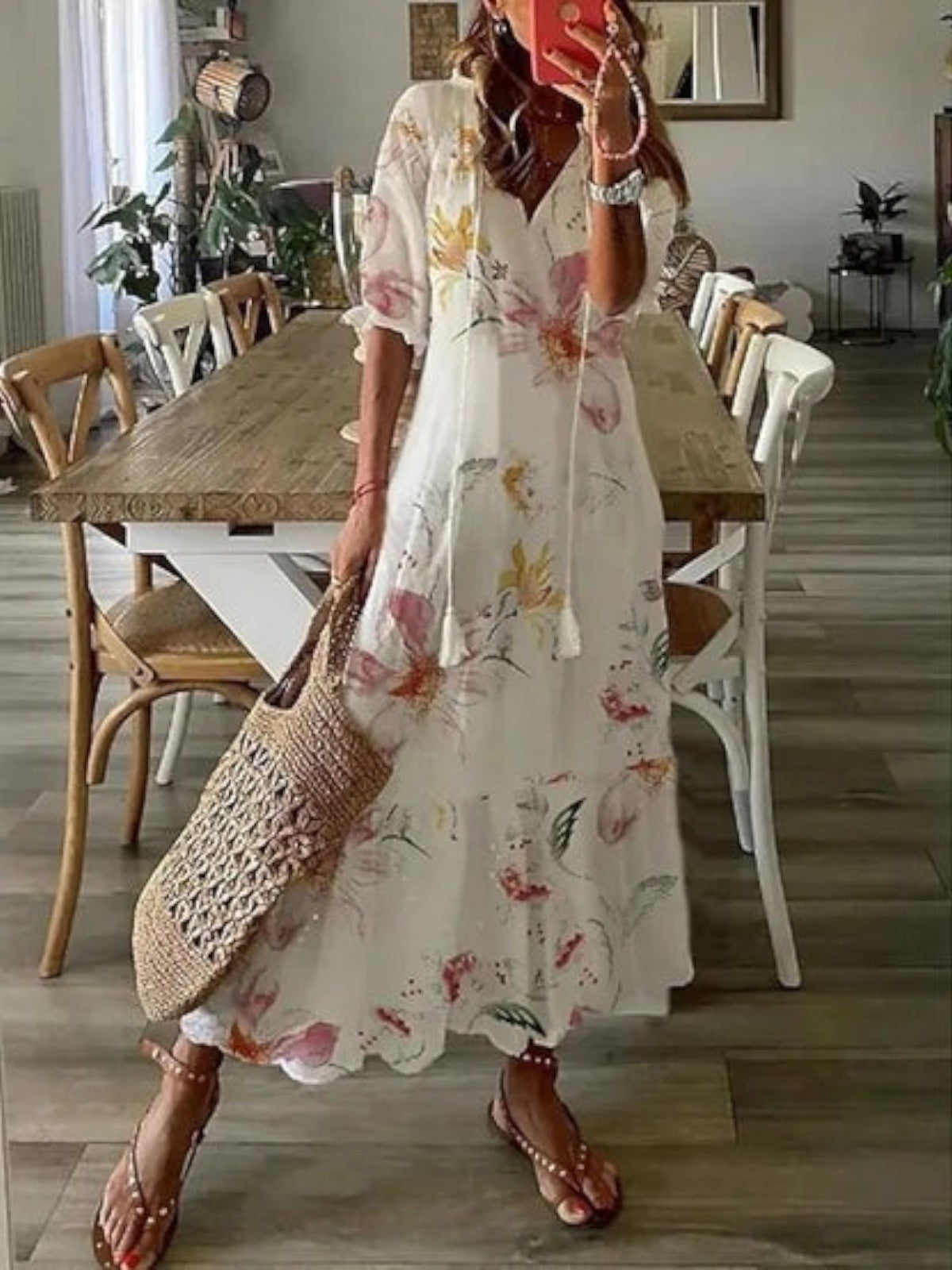 Sophia™  Boho Vintage V-Neck Summer Dress