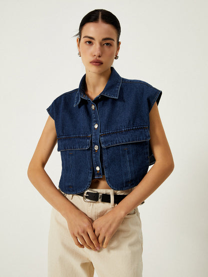 Lira Denim Pocket Turn-Down Collar Vest
