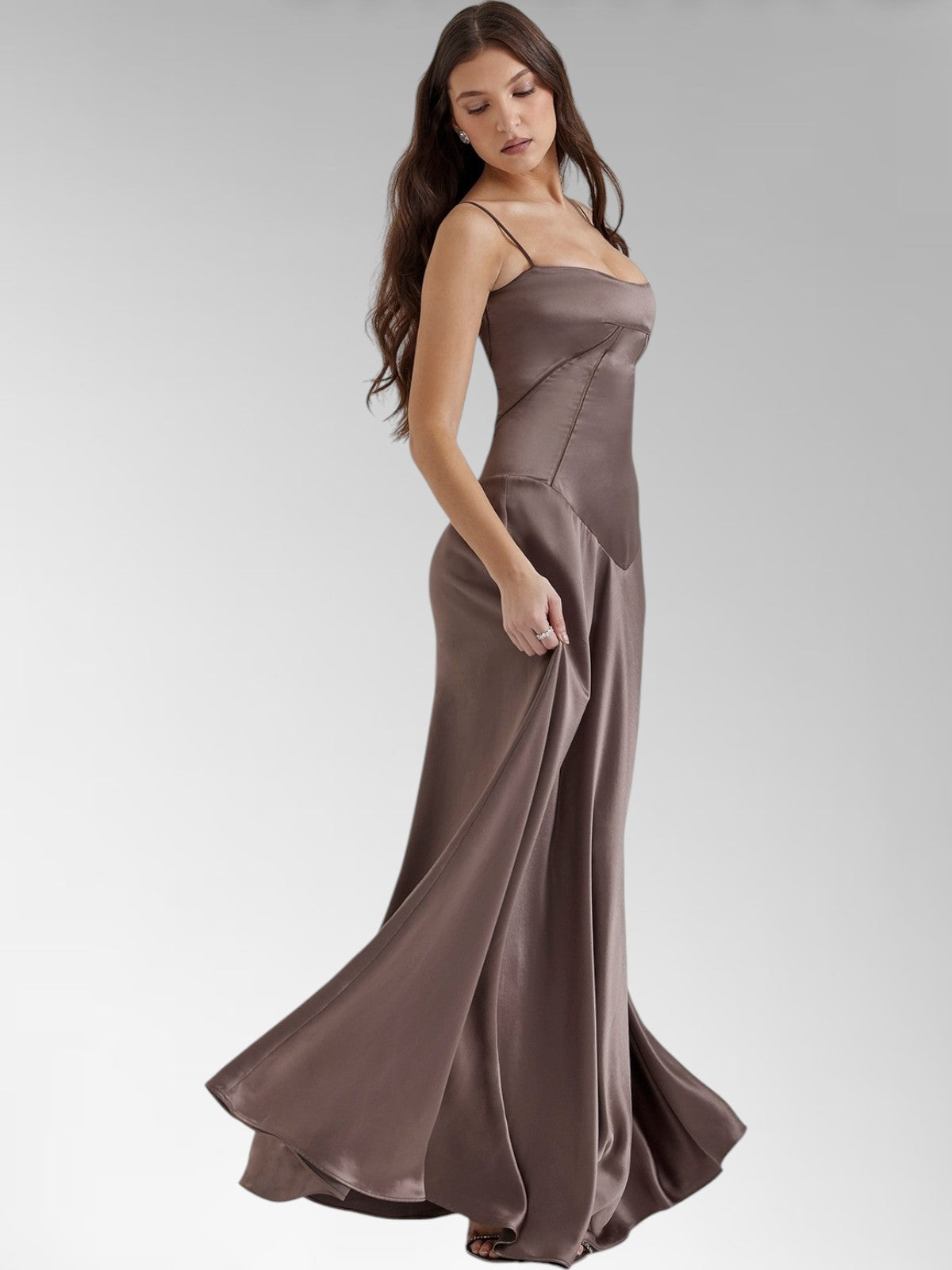 Anabel Brown Satin Lace-Up Evening Gown