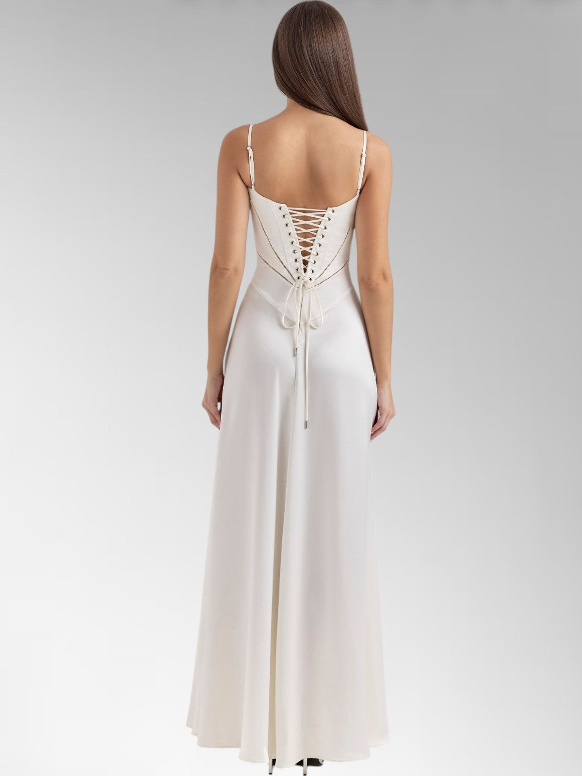 Anabel White Satin Lace-Up Evening Gown