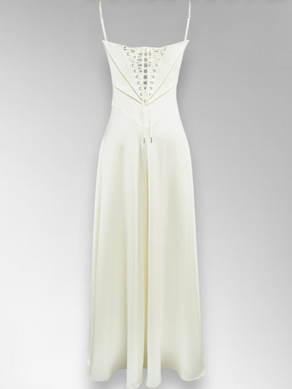 Anabel White Satin Lace-Up Evening Gown
