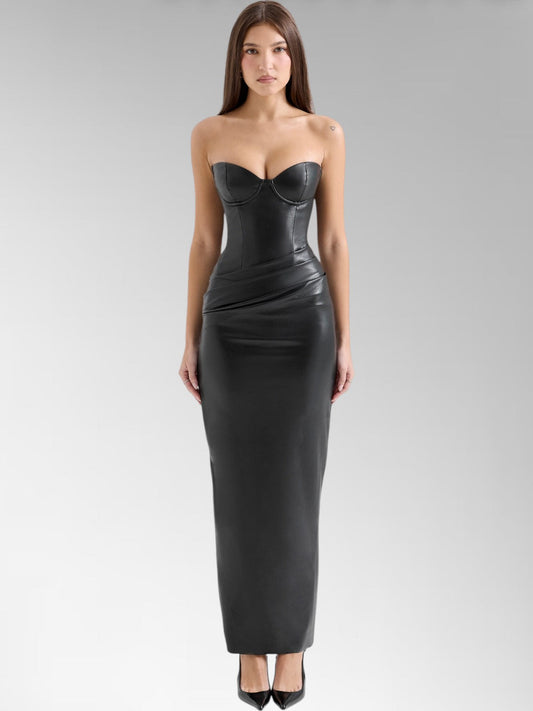 Alisa Black Strapless Leather Midi Dress