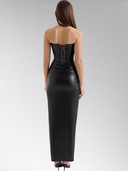 Alisa Black Strapless Leather Midi Dress