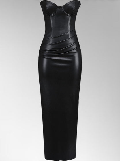 Alisa Black Strapless Leather Midi Dress