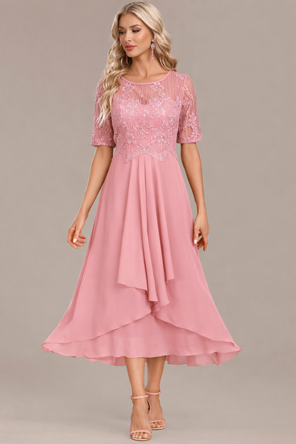 Nancy Navy Lace Short Sleeve Round Neck Dress