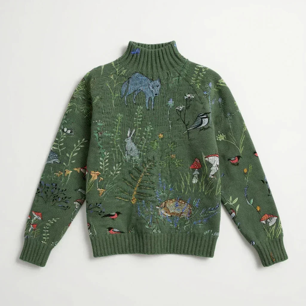 Hana™ Cozy Knitted Sweater with Forest-Inspired Print