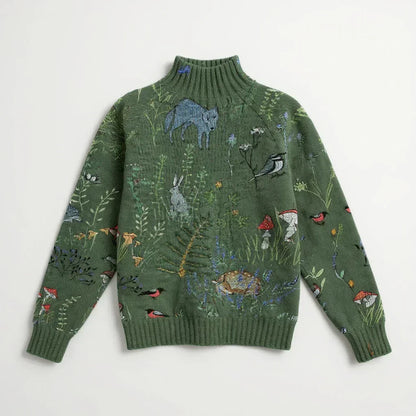 Hana™ Cozy Knitted Sweater with Forest-Inspired Print