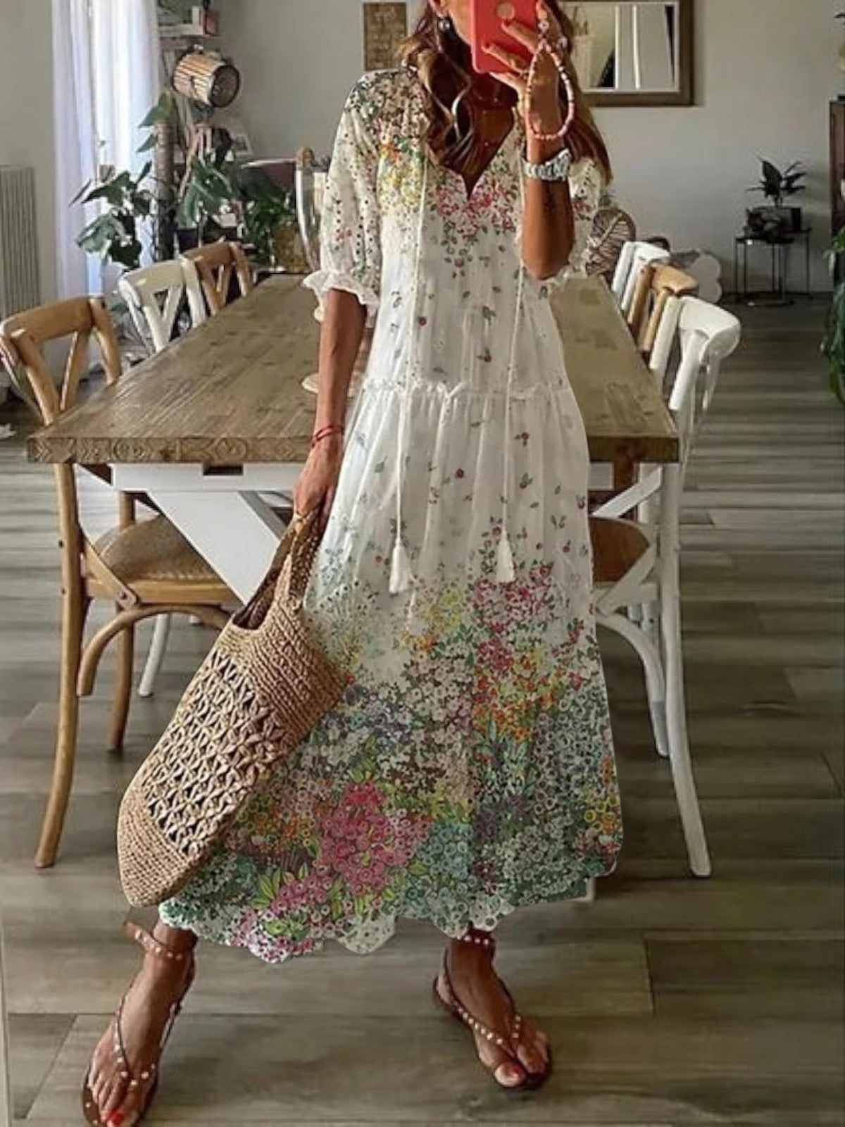 Sophia™  Boho Vintage V-Neck Summer Dress