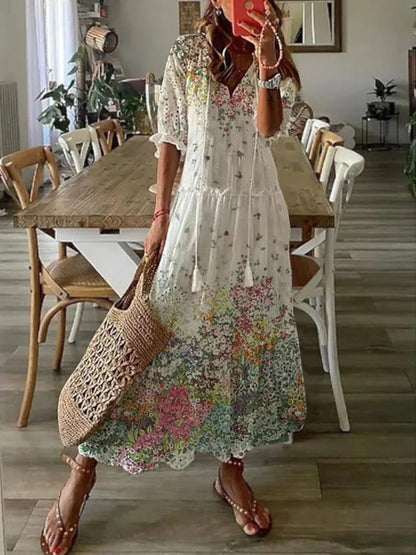 Sophia™  Boho Vintage V-Neck Summer Dress
